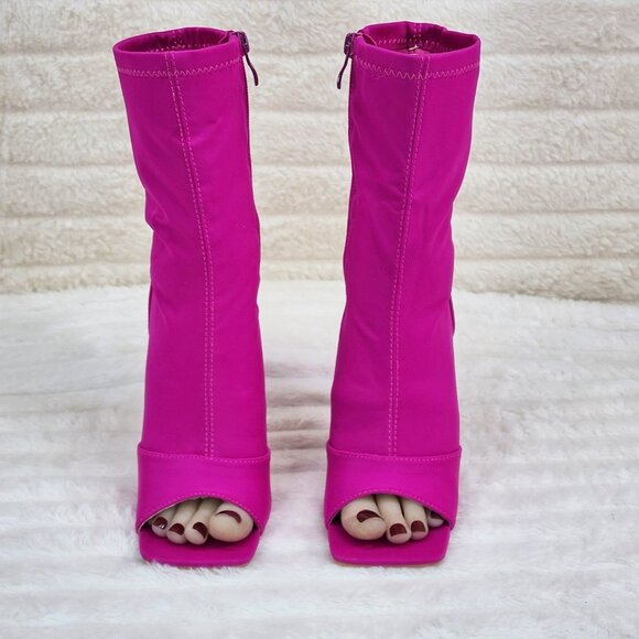 Bold Bright Fuchsia Pink Stretch Square Open Toe High Heel Ankle Boots - Picture 6 of 9